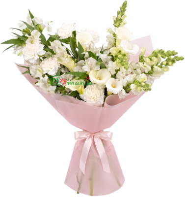 Букет «Белый шелк» с белыми каллами и антирринумом